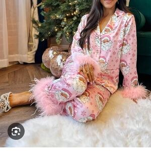 Pink Santa Pajama Set with Feather Trim Sz Small